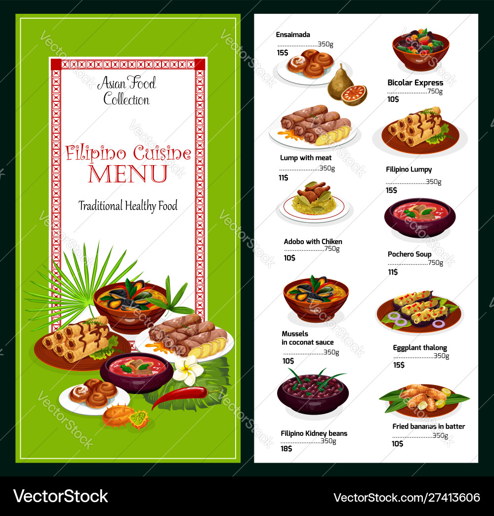 Filipino Cuisine Menu - Dishes & Desserts Vector Image