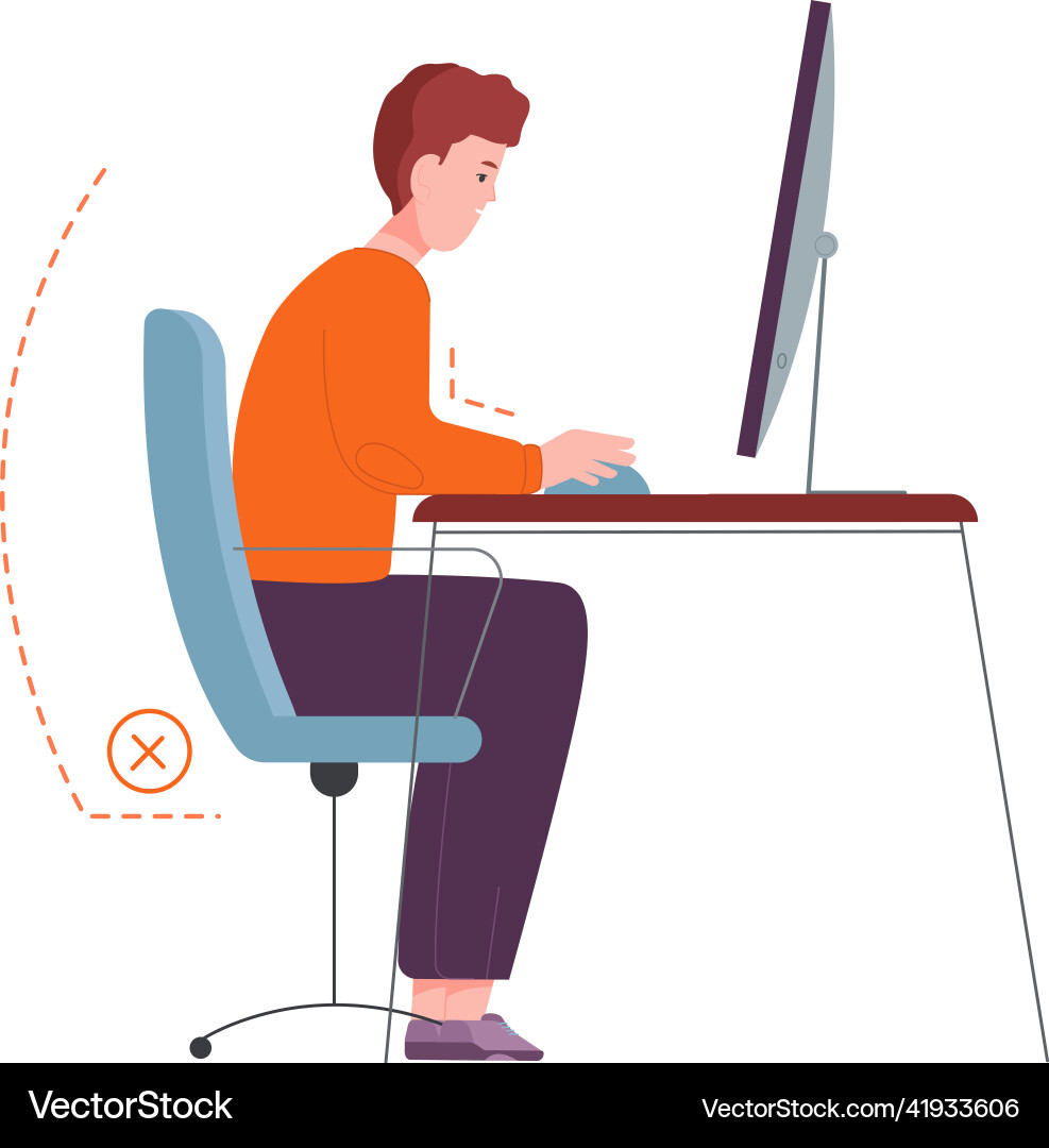 Wrong pose for working at computer desk back pain Wrong pose for working at computer desk back pain vector image