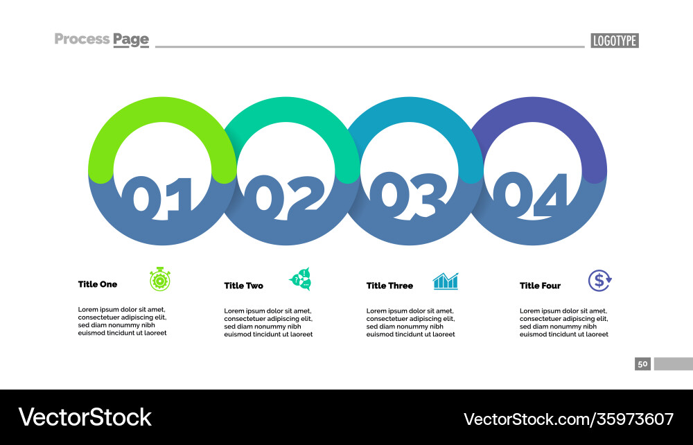 Four circle flowchart with description slide Four circle flowchart with description slide Vector Image