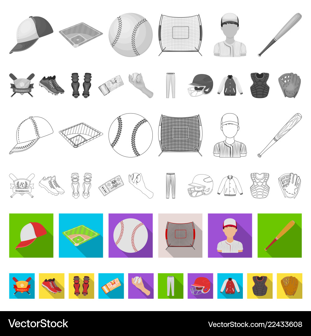 Baseball and attributes flat icons in set Baseball and attributes flat icons in set Vector Image