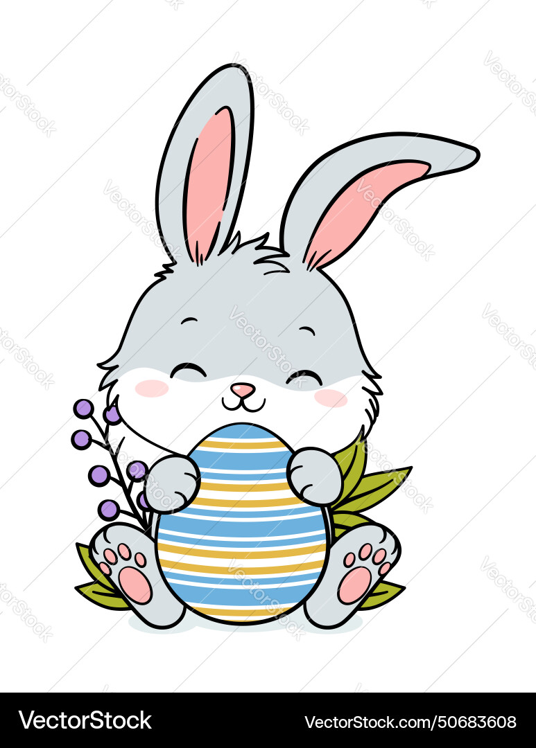 Cute grey easter bunny rabbit hugging egg Vector Image