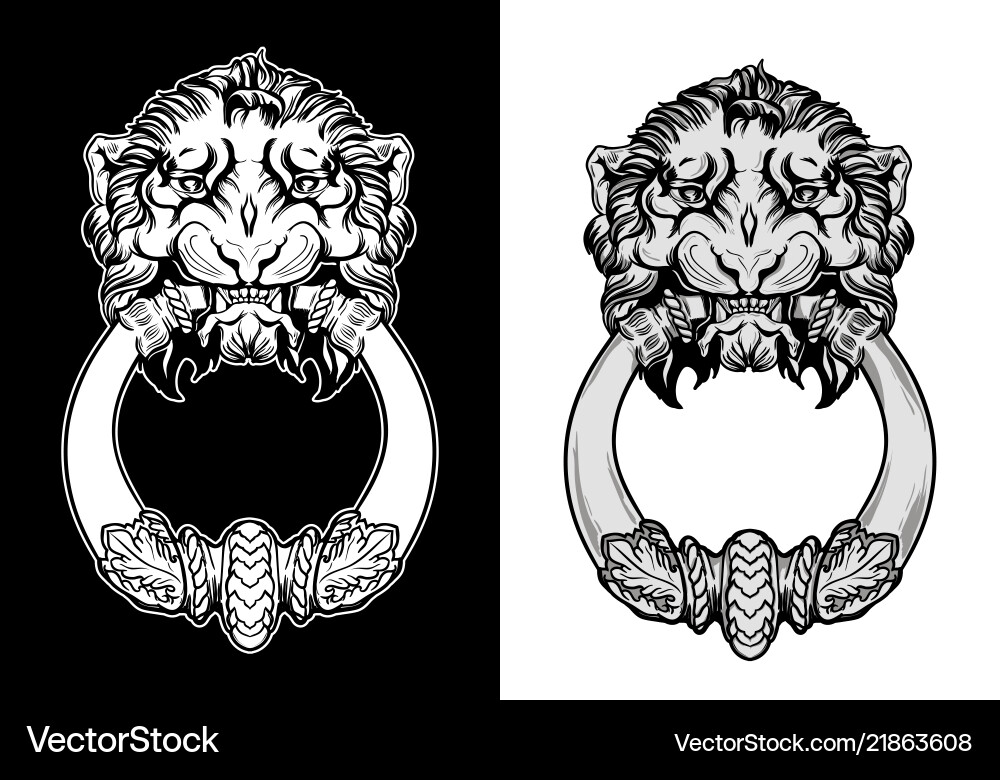 Engraved lion head door knocker hand drawn Engraved lion head door knocker hand drawn vector image