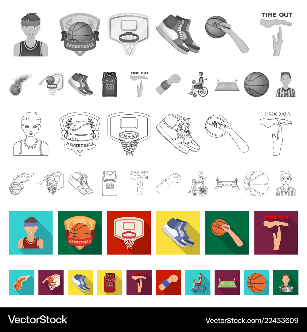 Basketball and attributes flat icons in set Basketball and attributes flat icons in set vector image