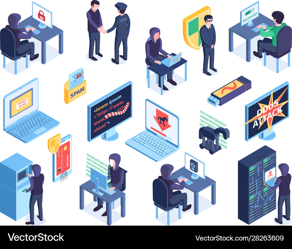 Hacker Isometric Icon Set - Cybersecurity vector image
