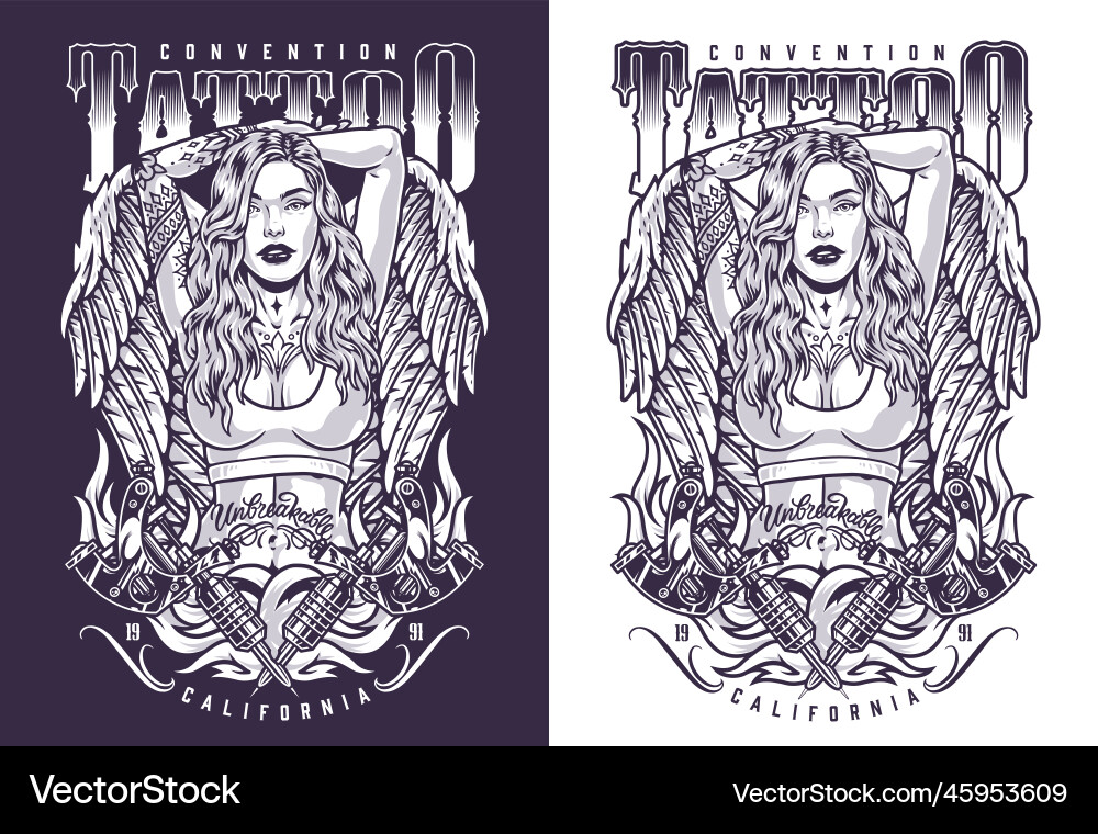 Tattooed angel girl flyer monochrome Vector Image