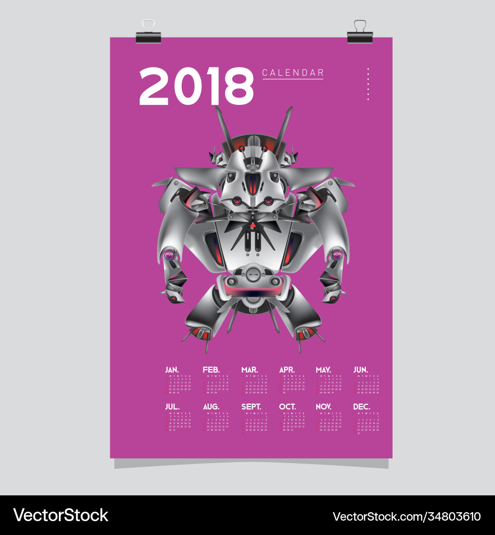 2018 calendar design template 3d realistic robot 2018 calendar design template 3d realistic robot vector image