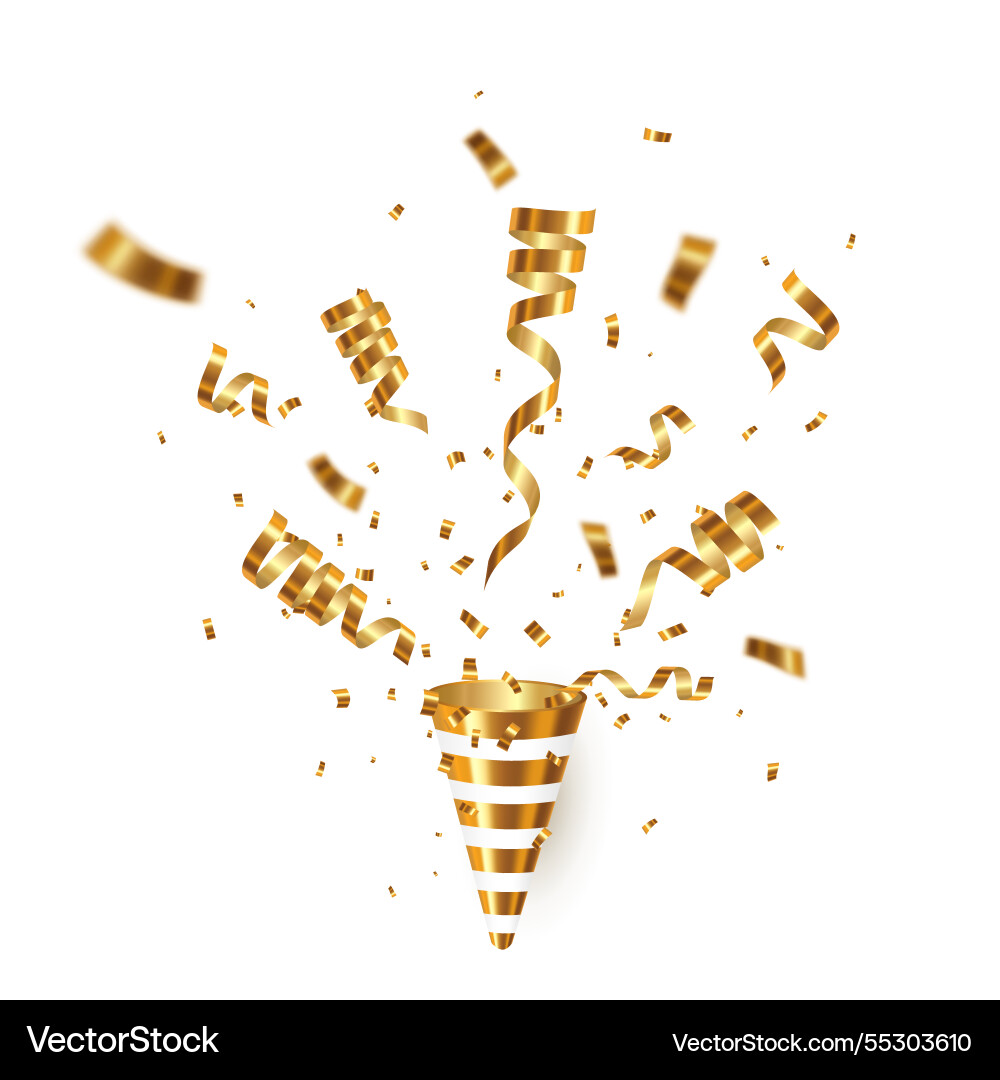 Exploding gold party popper with confetti Exploding gold party popper with confetti vector image