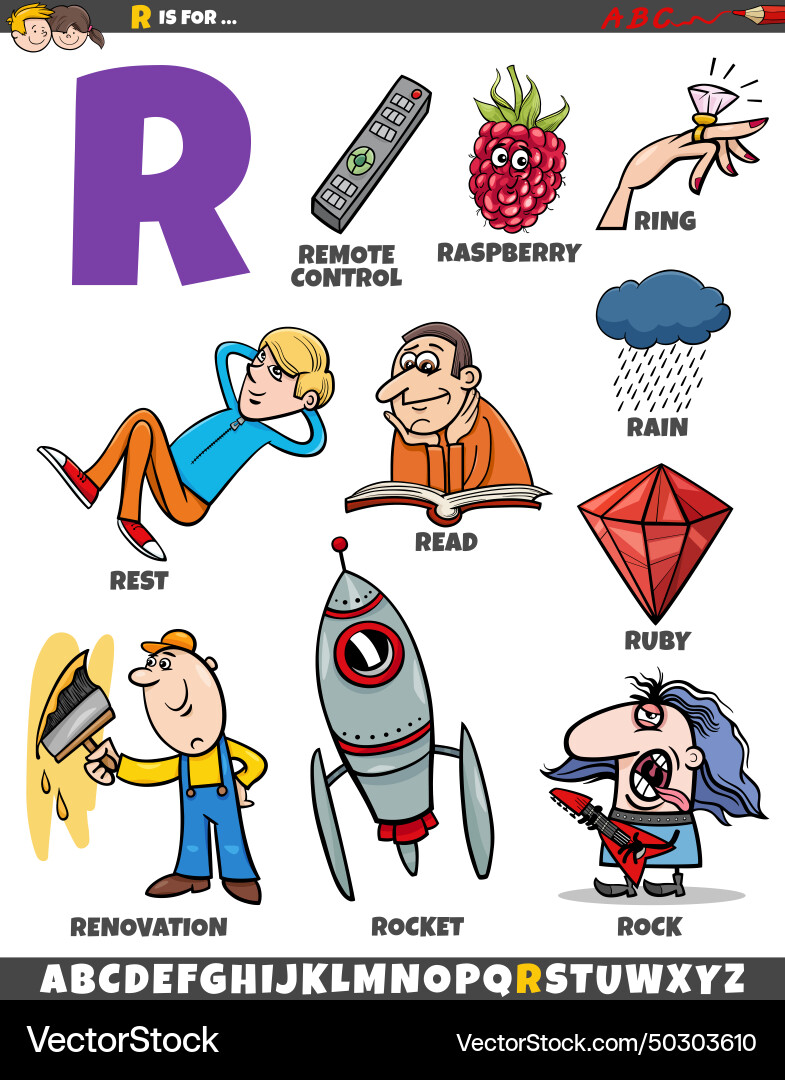 Letter r set with cartoon objects and characters Letter r set with cartoon objects and characters Vector Image