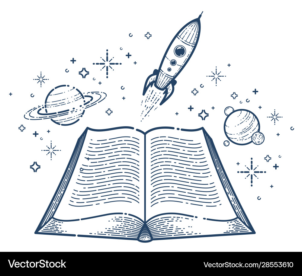 Open book with launching rocket linear icon vector image