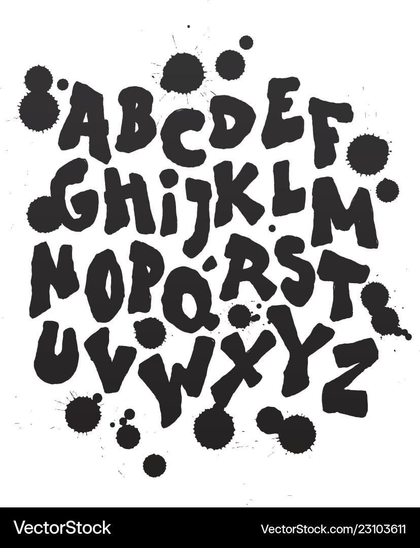 Black grungy ink font with splashes alphabet vector image