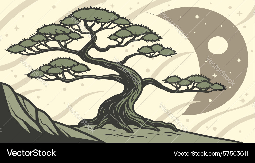 Bonsai tree with yin-yang moon and flowing clouds vector image
