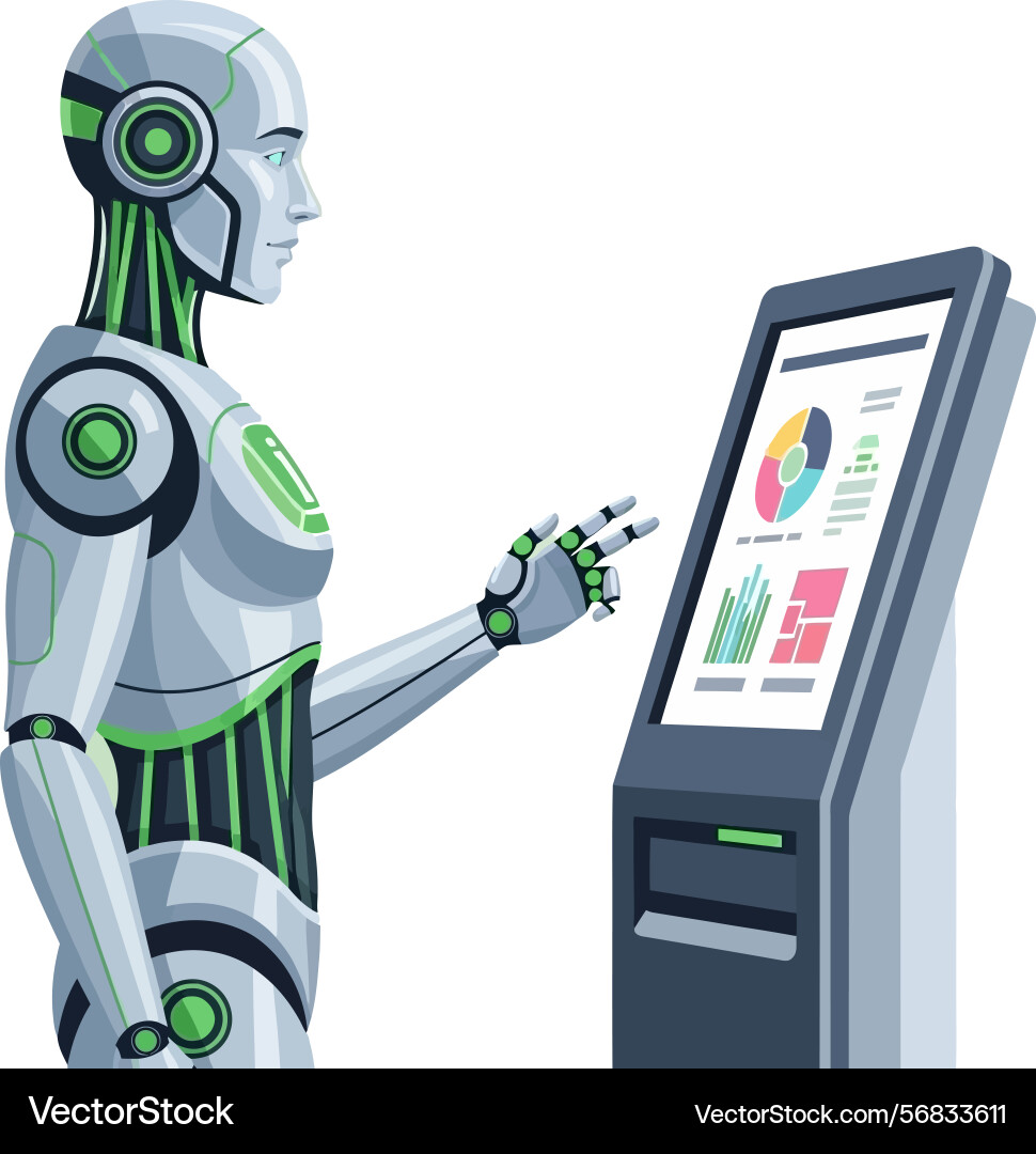 Humanoid robot analyzing data on interactive vector image