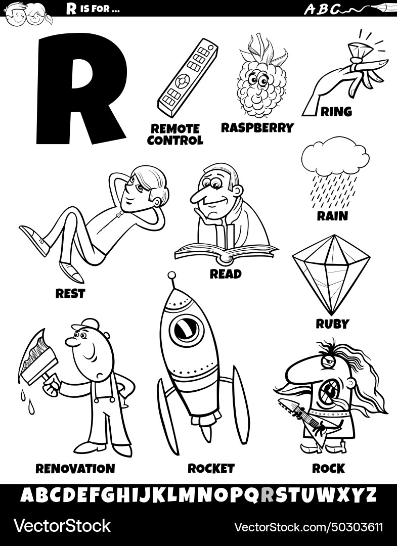 Letter r set with cartoon objects and characters Vector Image