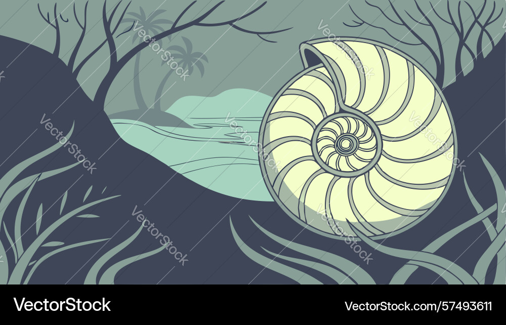 Nautilus shell in dark lake mysterious depth Vector Image