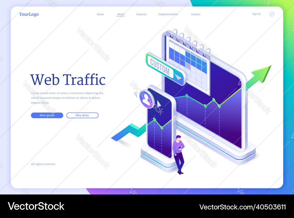 Web traffic isometric landing page data amount Web traffic isometric landing page data amount vector image