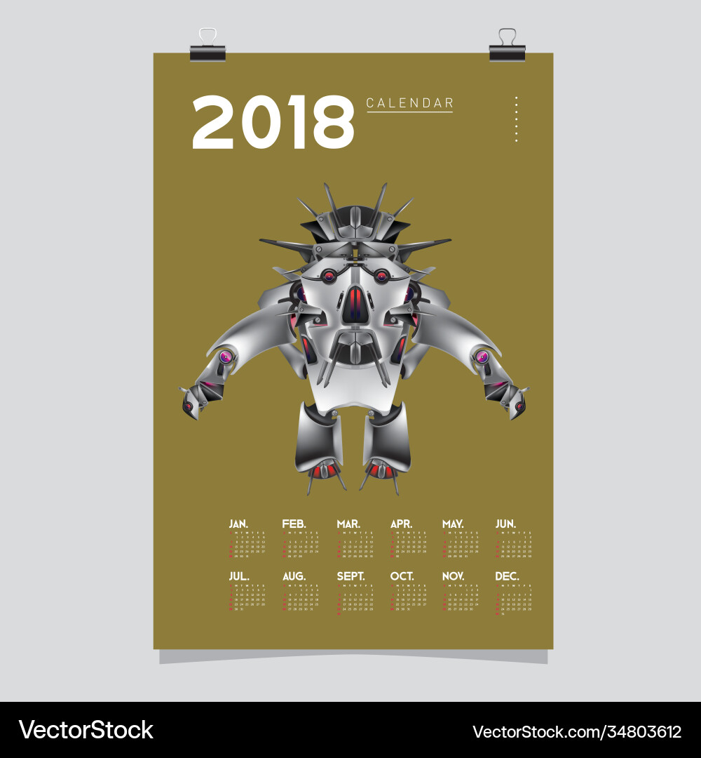 2018 calendar design template 3d realistic robot Vector Image