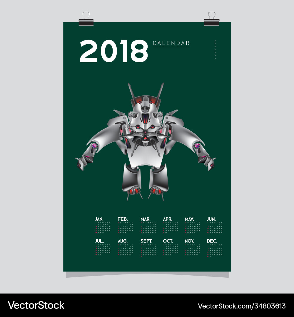 2018 calendar design template 3d realistic robot Vector Image