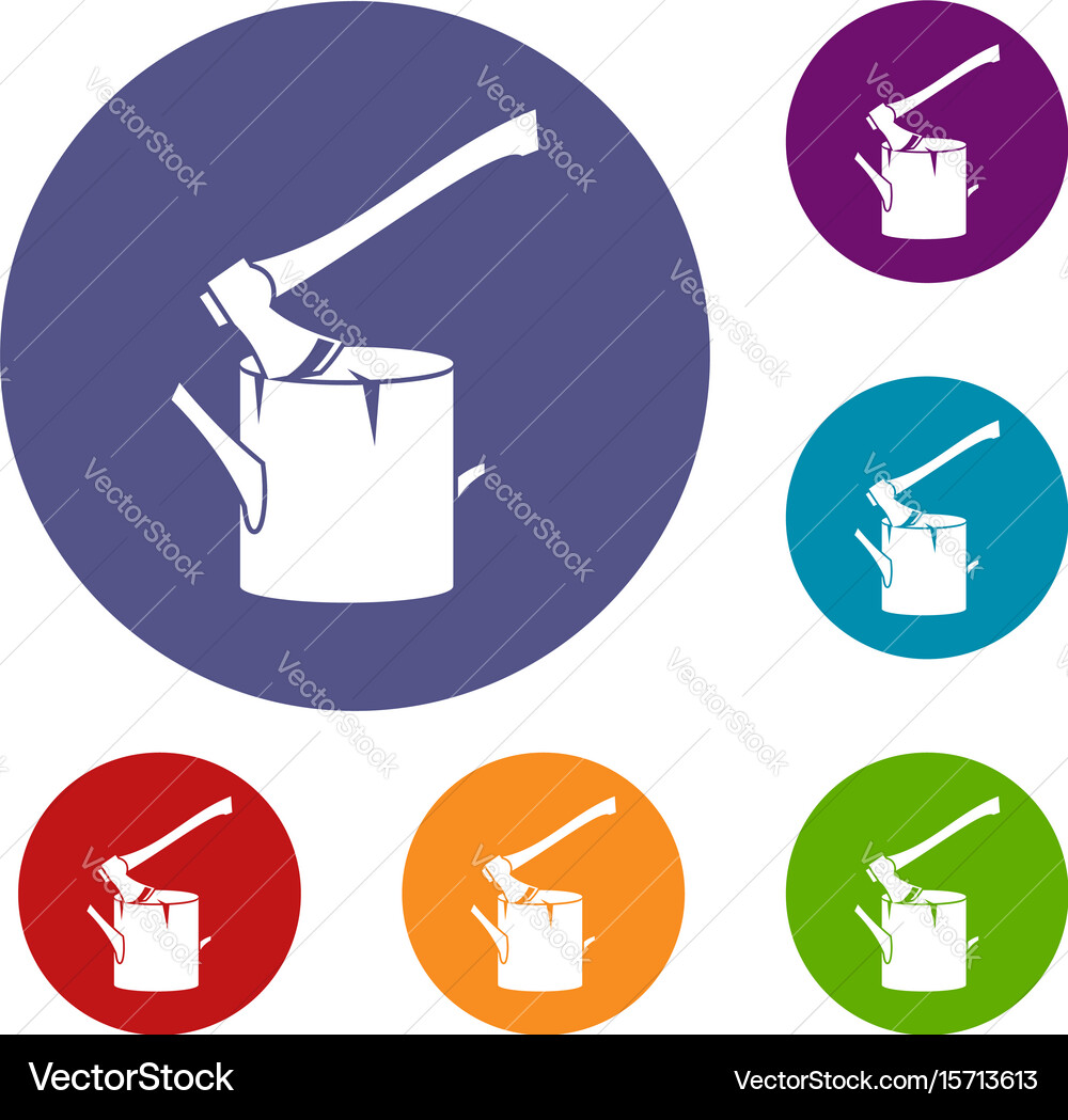 Axe stuck in a tree stump icons set Vector Image