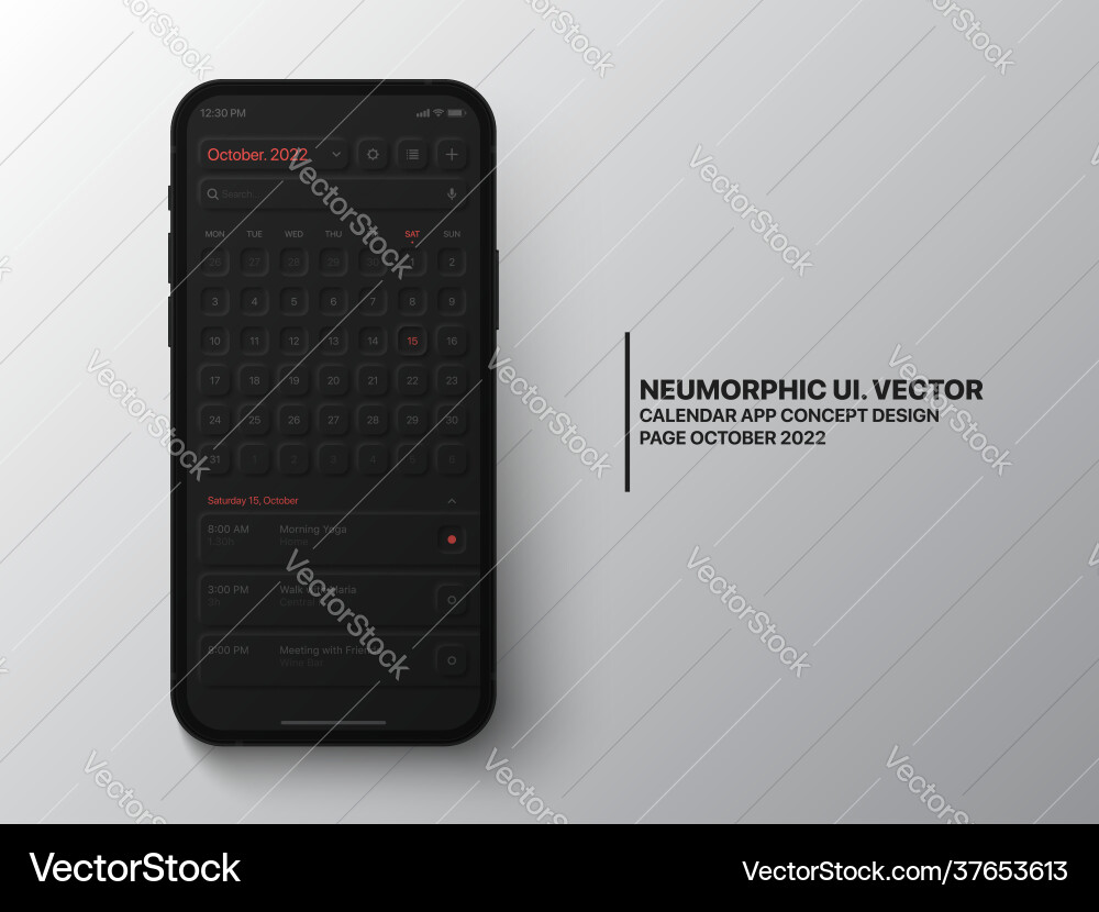 Calendar mobile app october 2022 ui ux neumorphic Vector Image