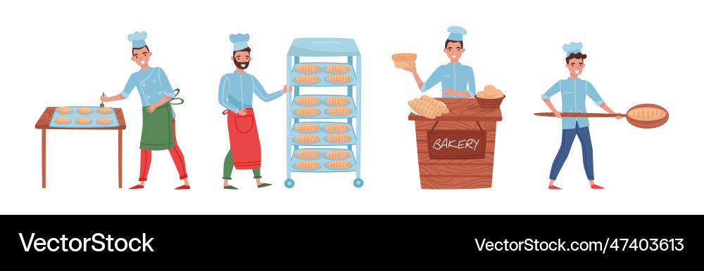 Man baker character in apron and toque baking Man baker character in apron and toque baking Vector Image