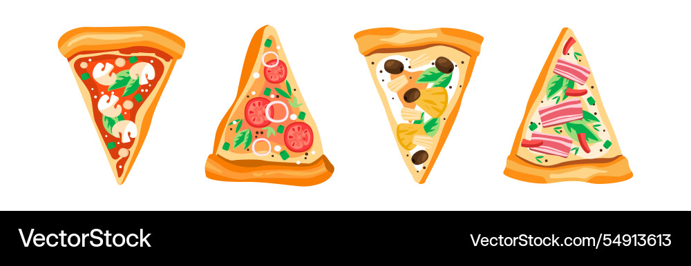 Pizza slice cut with different topping set Pizza slice cut with different topping set Vector Image