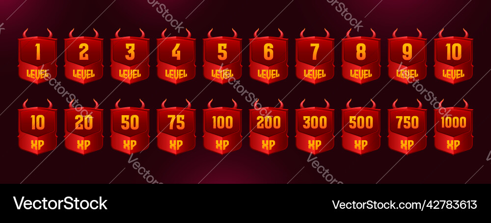 Red badges with game level number and xp points Red badges with game level number and xp points vector image
