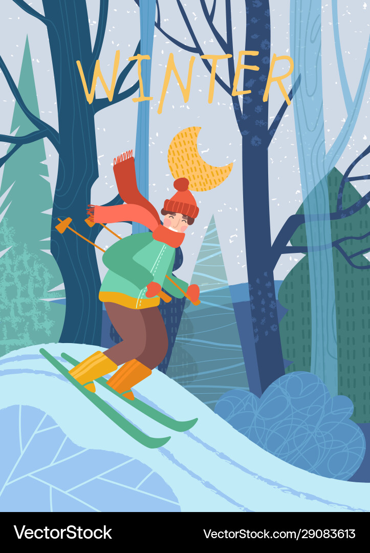 Young person skiing through a forest in winter Young person skiing through a forest in winter vector image