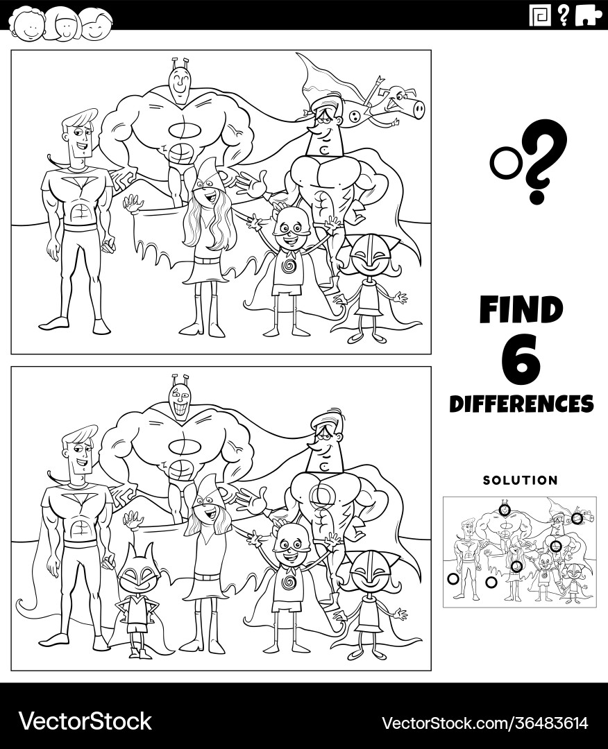 Differences educational game with super heroes Differences educational game with super heroes Vector Image
