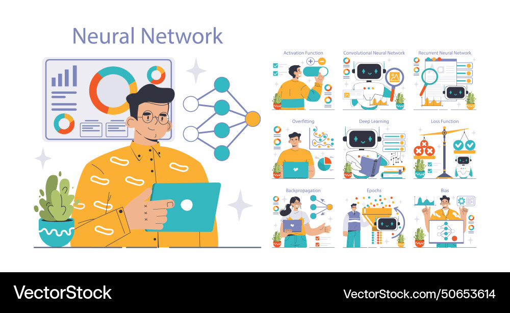 Neural network set flat Neural network set flat vector image