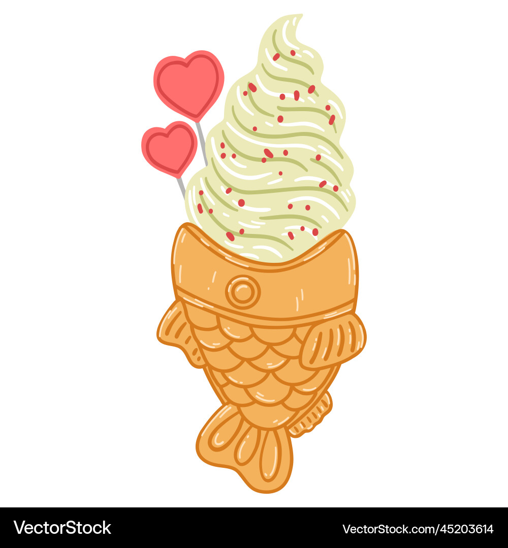 Taiyaki fish-shaped ice cream cone in cartoon flat Taiyaki fish-shaped ice cream cone in cartoon flat vector image