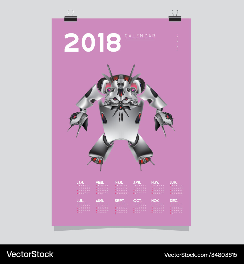 2018 calendar design template 3d realistic robot 2018 calendar design template 3d realistic robot Vector Image
