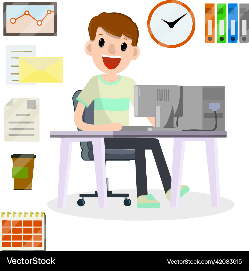 Man sitting at computer in office Man sitting at computer in office vector image