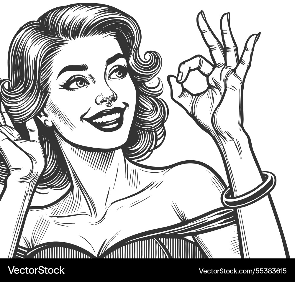 Woman with ok hand gesture engraving Woman with ok hand gesture engraving vector image