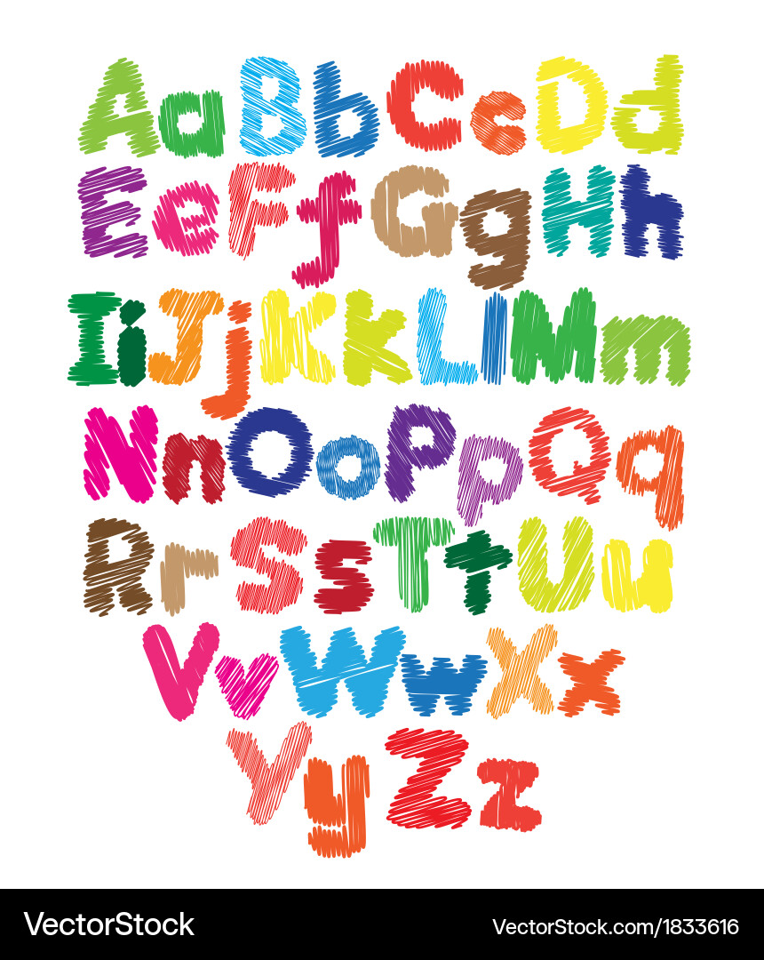 Alphabet kids doodle colored hand drawing Vector Image
