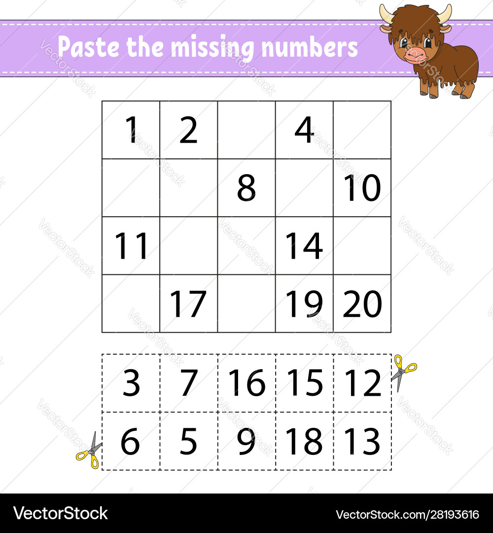 Paste missing numbers game for children Paste missing numbers game for children Vector Image