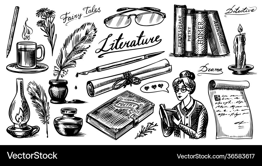 Literaturset Tinte und Schreibmaschine Kaffee Literaturset Tinte und Schreibmaschine Kaffee vektorbild