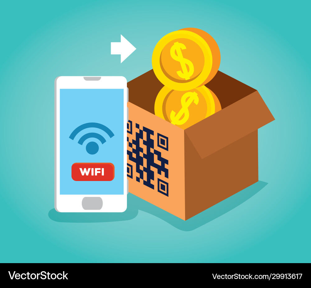 Scan qr code in box with smartphone and coins Vector Image