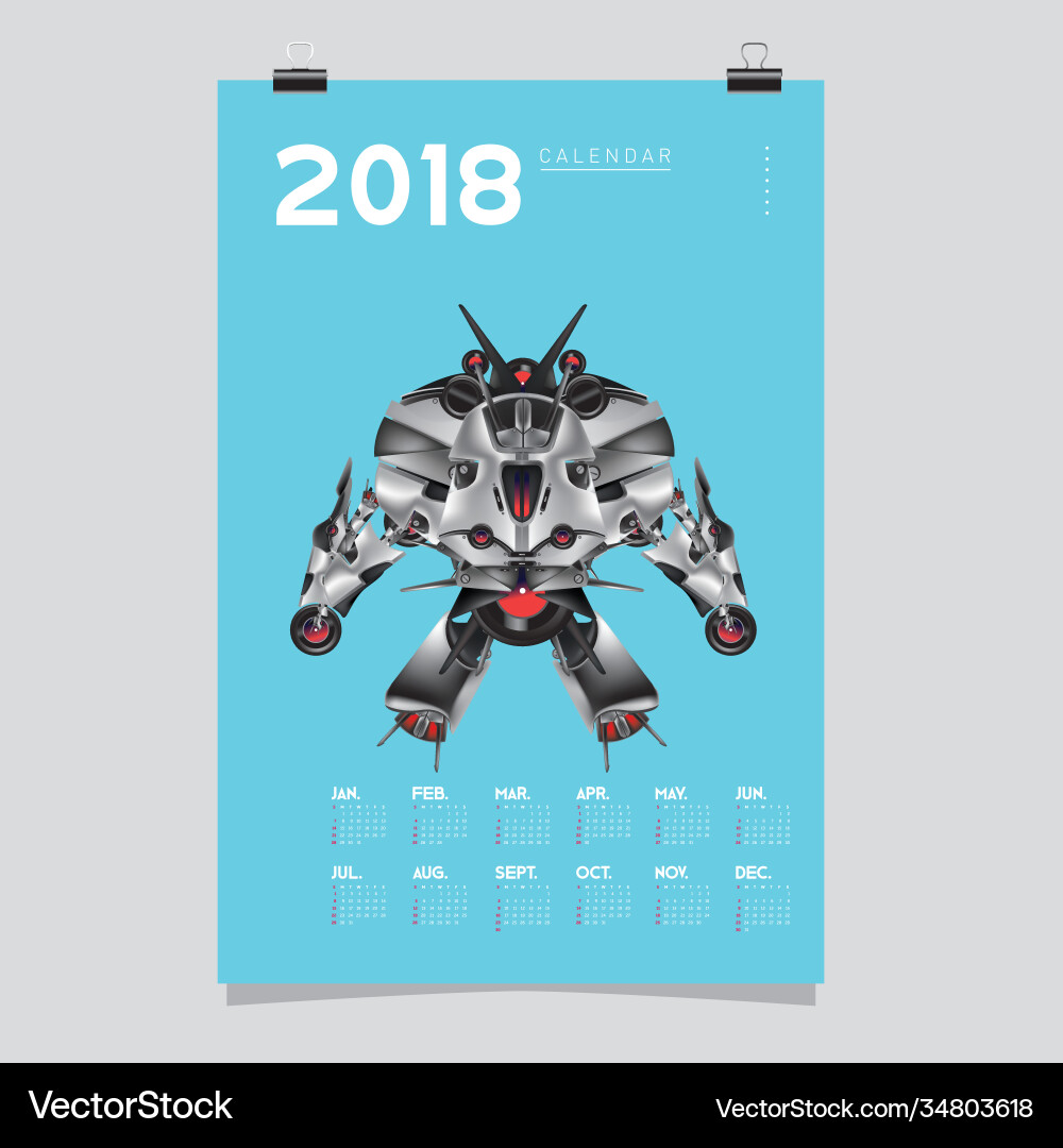2018 calendar design template 3d realistic robot vector image