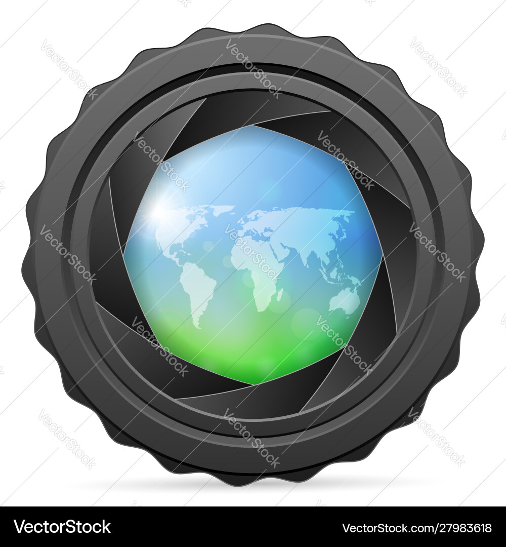 Camera shutter with world map vector image