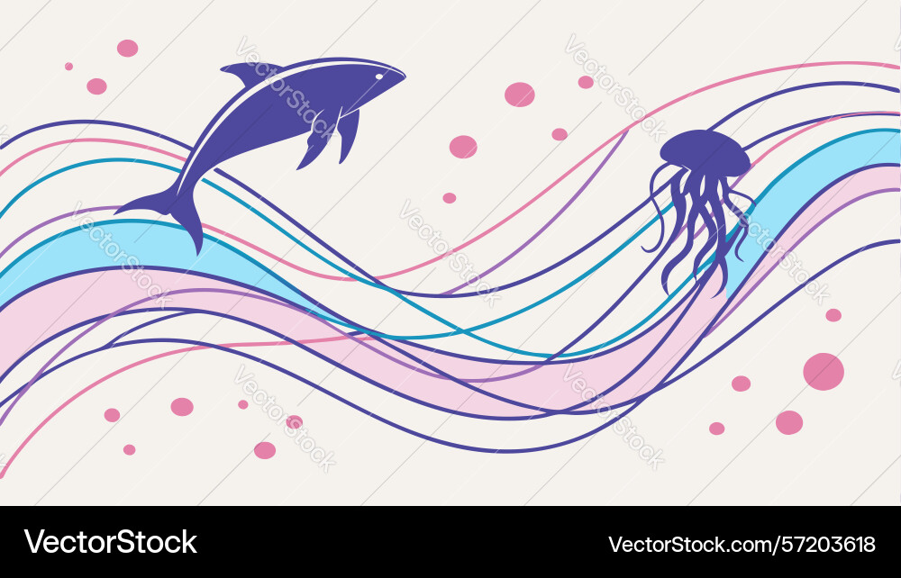 Dynamic dolphin and jellyfish in abstract ocean Vector Image