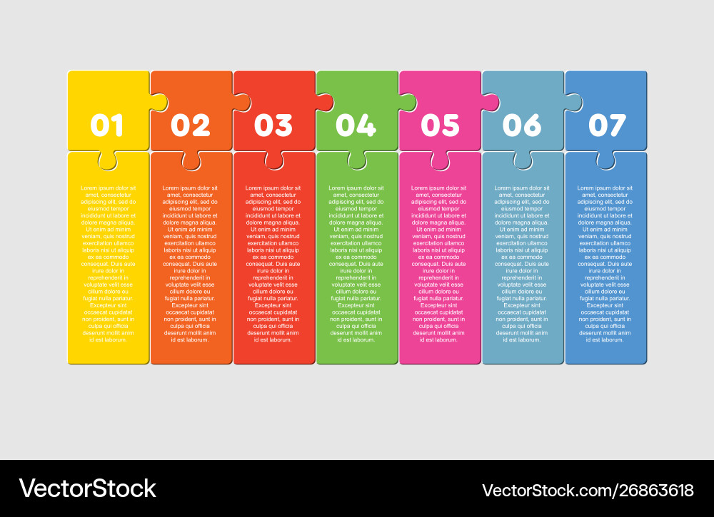 Seven jigsaw puzzle template process text space Seven jigsaw puzzle template process text space vector image