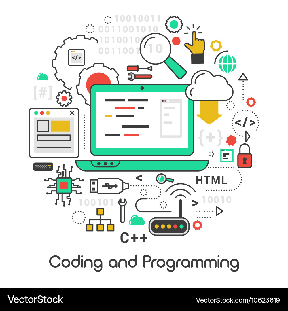 Coding and programming line art thin icons Vector Image