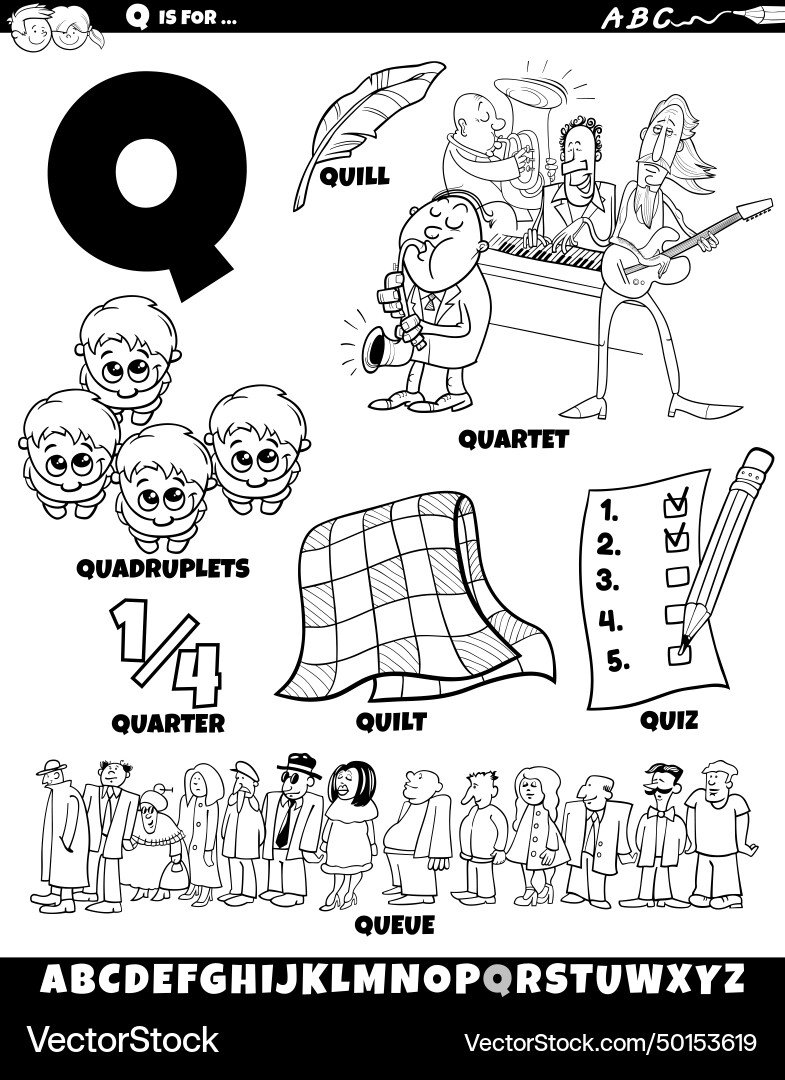 Letter q set with cartoon objects and characters Vector Image