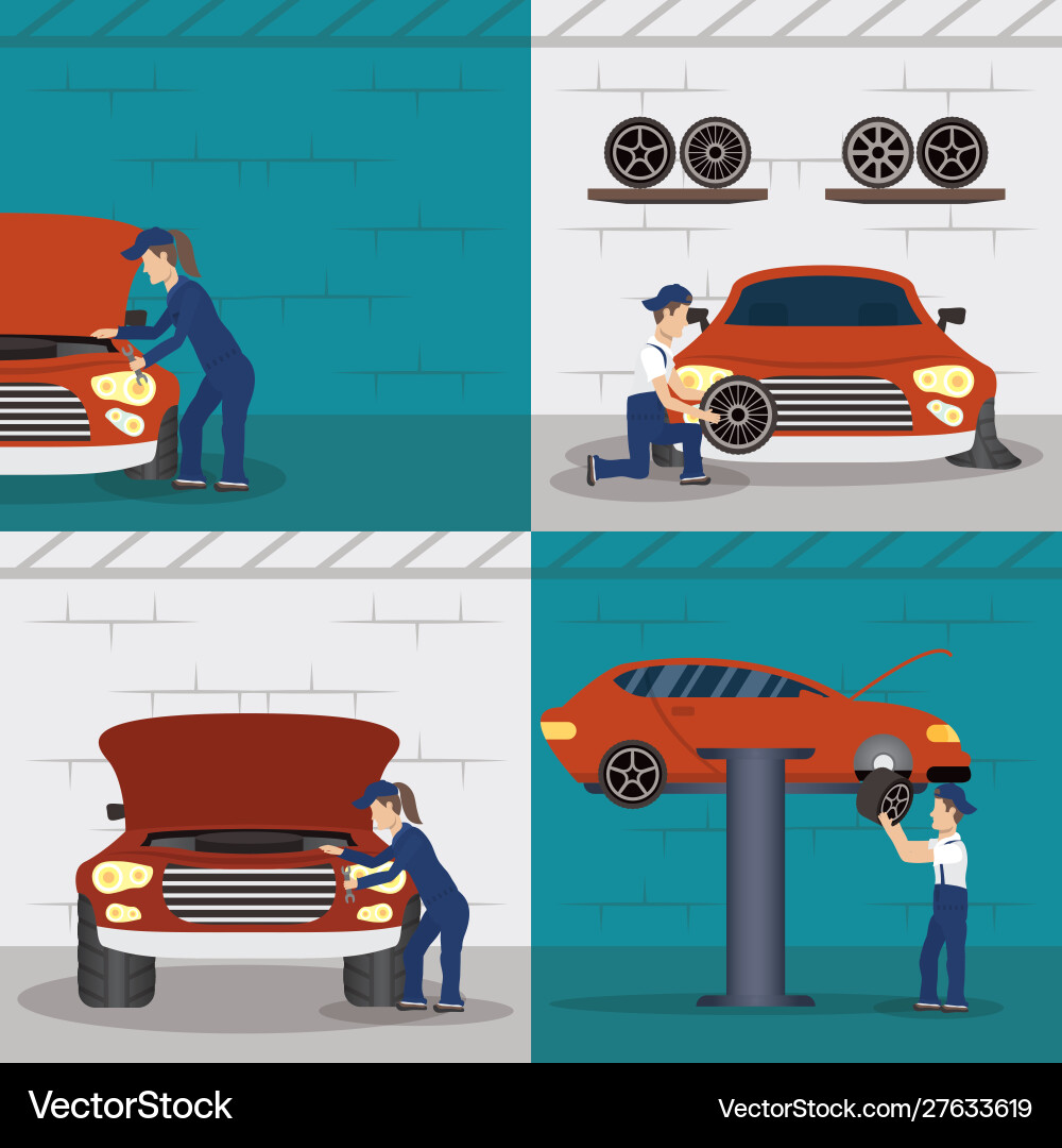 Set scenes with mechanics working characters Set scenes with mechanics working characters Vector Image