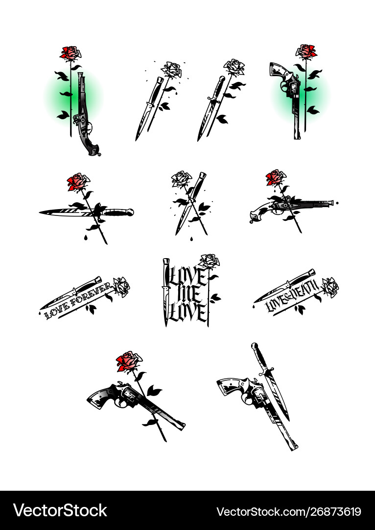 Set tattoo pistols knives and roses cold Set tattoo pistols knives and roses cold vector image