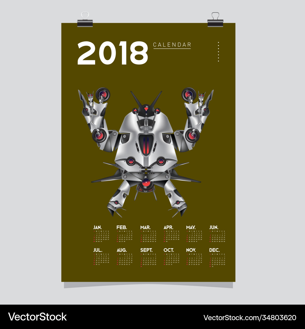 2018 calendar design template 3d realistic robot vector image