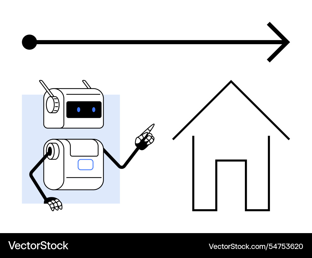 Robot pointing towards house with forward arrow Robot pointing towards house with forward arrow vector image