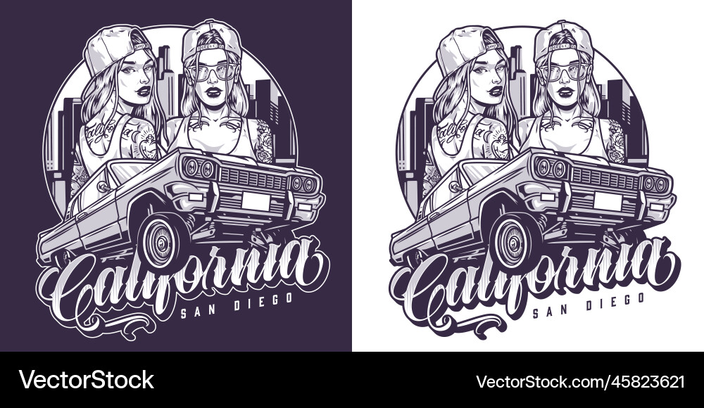 Girl friends racers flyer monochrome Girl friends racers flyer monochrome vector image