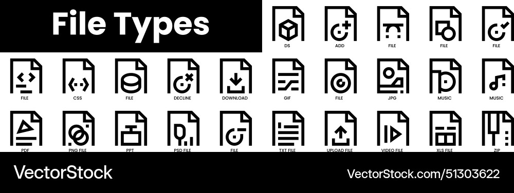 Set of outline file types icons minimalist thin Set of outline file types icons minimalist thin vector image