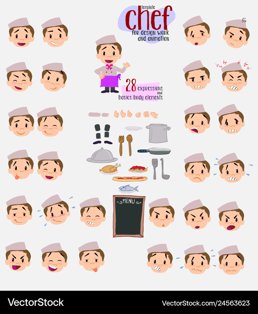 Chef twenty eight expressions and basics body Chef twenty eight expressions and basics body vector image